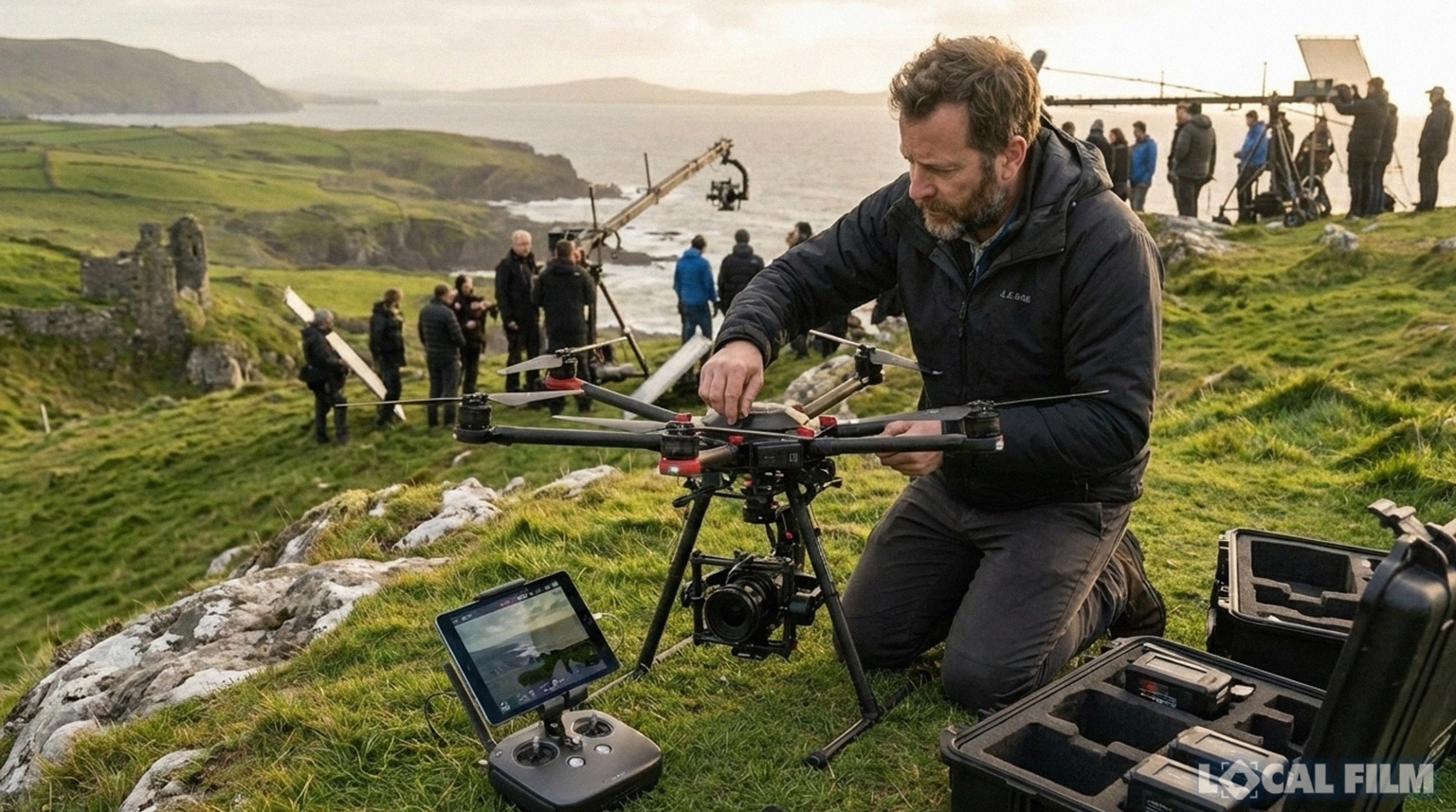 Large film crew working on a cliffside set in Ireland